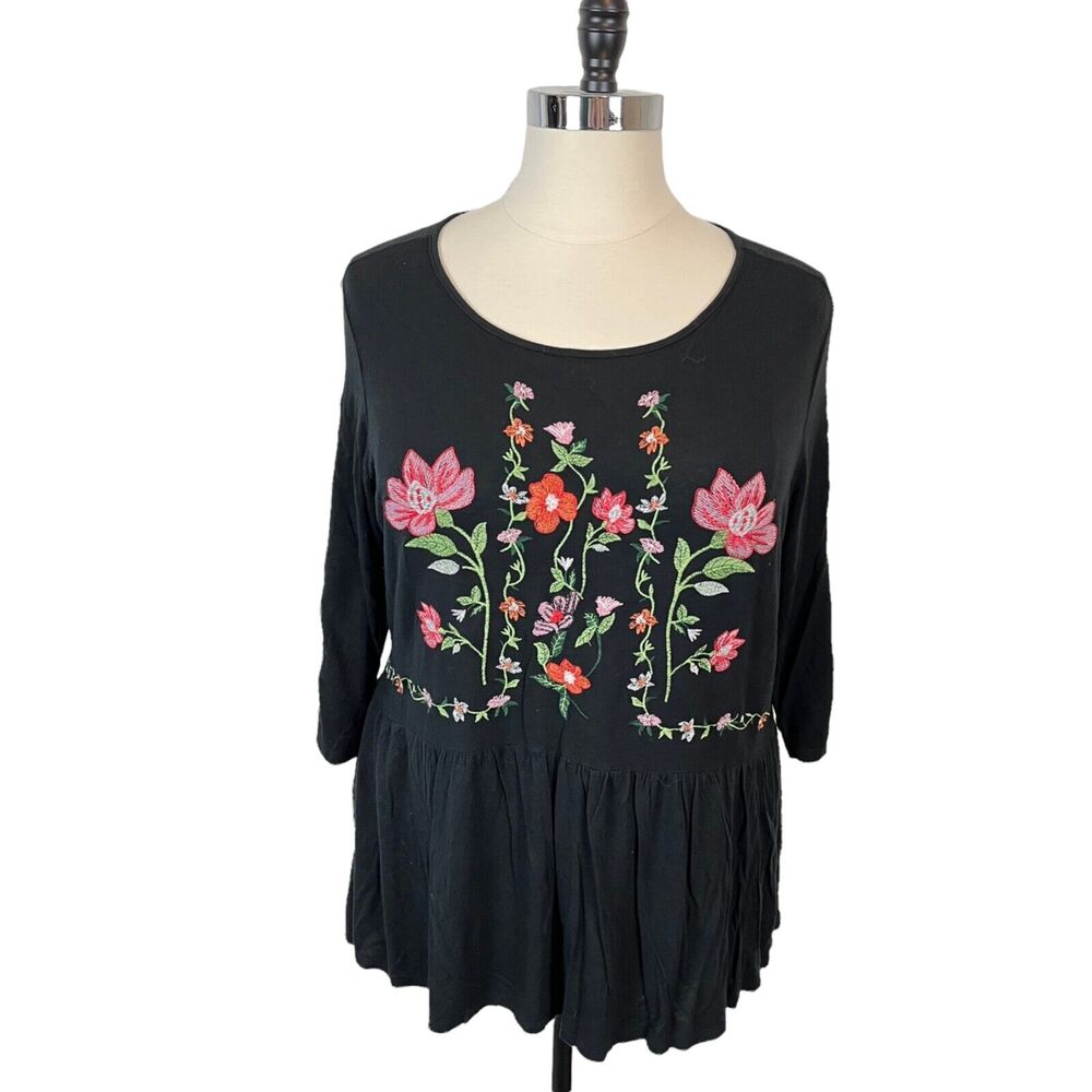 Adiva Women's Embroidered Babydoll Flounce Tunic Top Floral Pink Black Size 1X